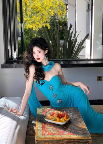 Blue Mermaid Strapless Beaded Chiffon Prom Dress Vacation Dress HZ1023